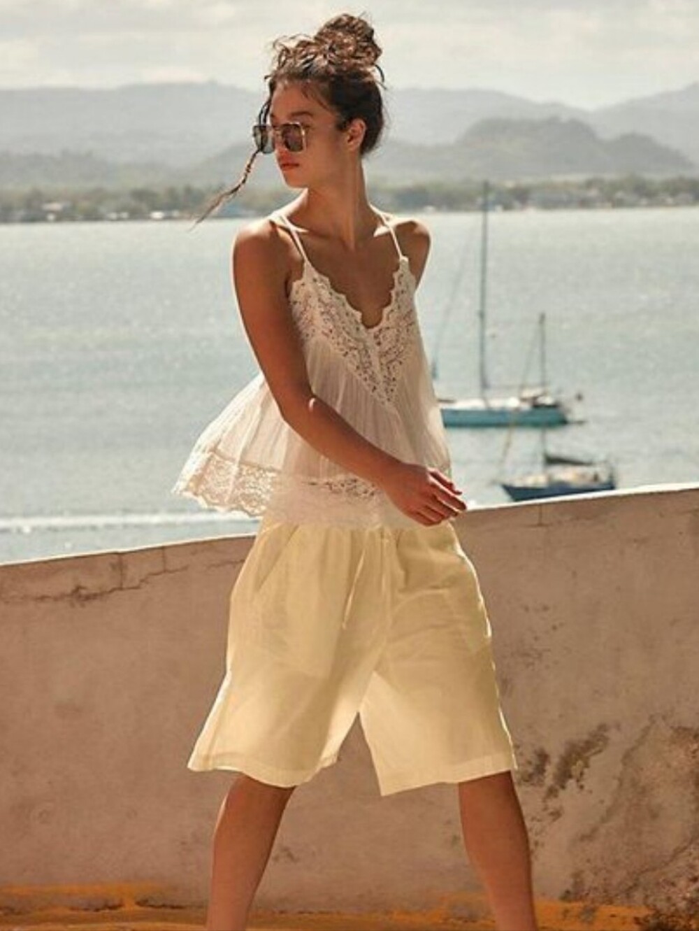 Free People Free-est Yellow Wide Long Cotton Flowy Shorts Womens Size Small